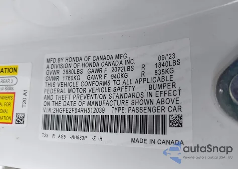 2024 Honda Civic Sport из США, поврежденный, VIN 2HGFE2F54RH512039